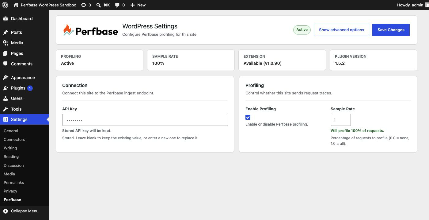 Perfbase WordPress settings page in the local sandbox Perfbase WordPress settings page showing active profiling, extension availability, plugin version, the stored API key field, and the sample-rate control.