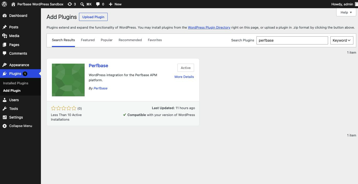 Perfbase in the WordPress plugin directory search results WordPress admin Add Plugins screen showing a search for Perfbase with the Perfbase plugin result active and compatible with the current WordPress version.