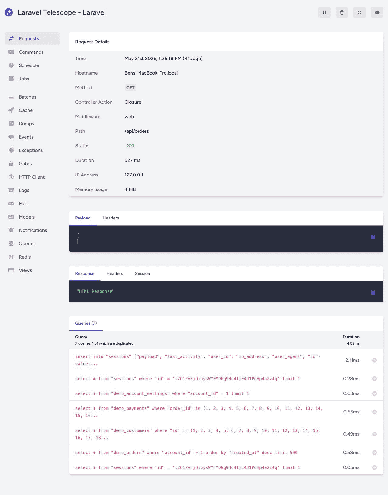 Laravel Telescope's request detail showing GET /api/orders taking about 527ms while the query section accounts for about 4.1ms.